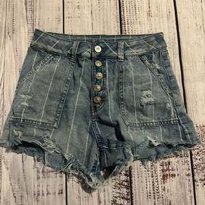 Rewash Grey Distressed Vintage Vertical Striped High Rise Button Fly Denim Short